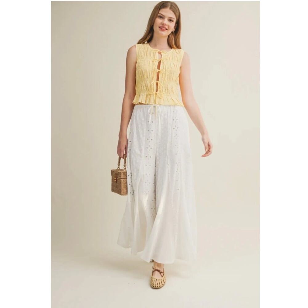 White Eyelet Cotton Wide Leg Palazzo Pants Lined with Pockets - Coastal European - Picture 2 of 7